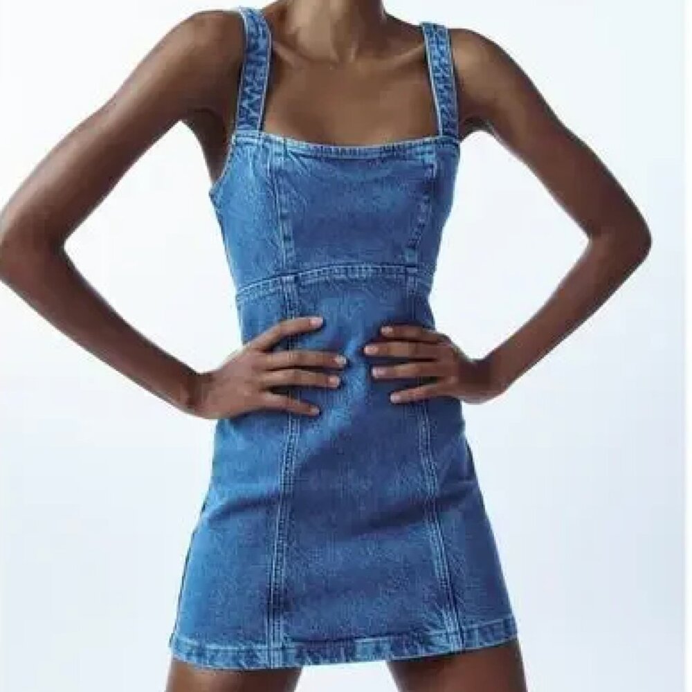 Zara Denim Mini Dress Tie Back Sleeveless Strappy Blue